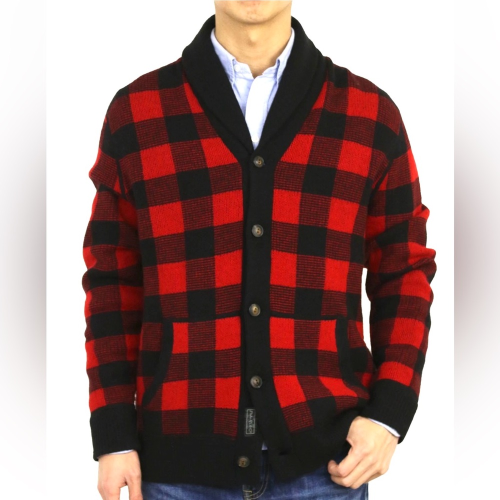 Polo Ralph Lauren Plaid Shawl Cardigan Sweater Red Black 100% Italian Wool Sz L